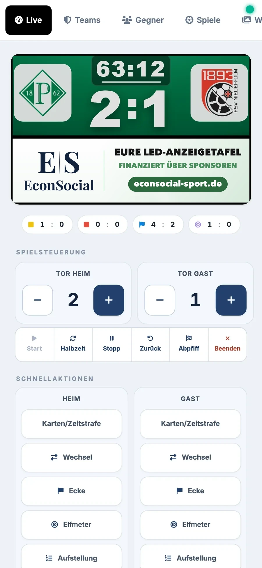 Steuerung auf dem Handy mit Vorschau der Tafel, Spielstand und Schnellaktionen