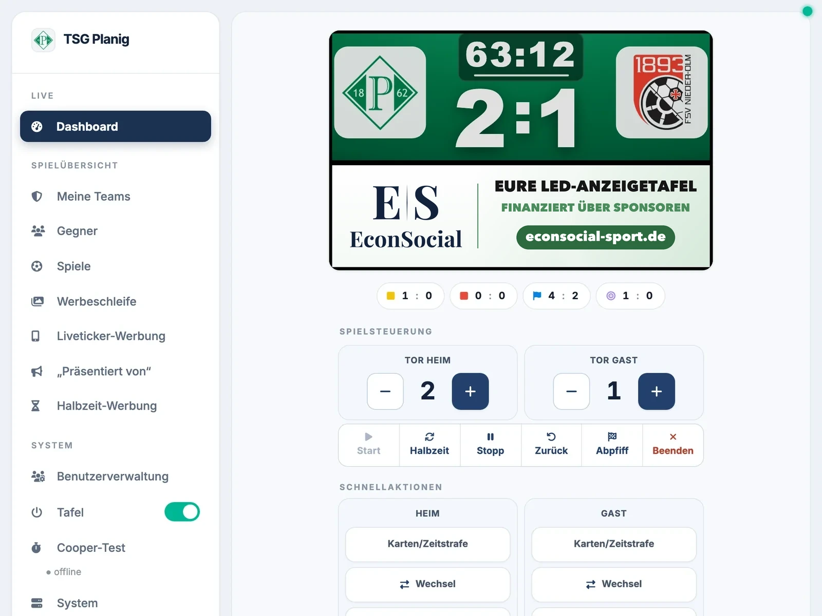 Steuerung auf dem Tablet mit Vorschau der Tafel und Spielsteuerung
